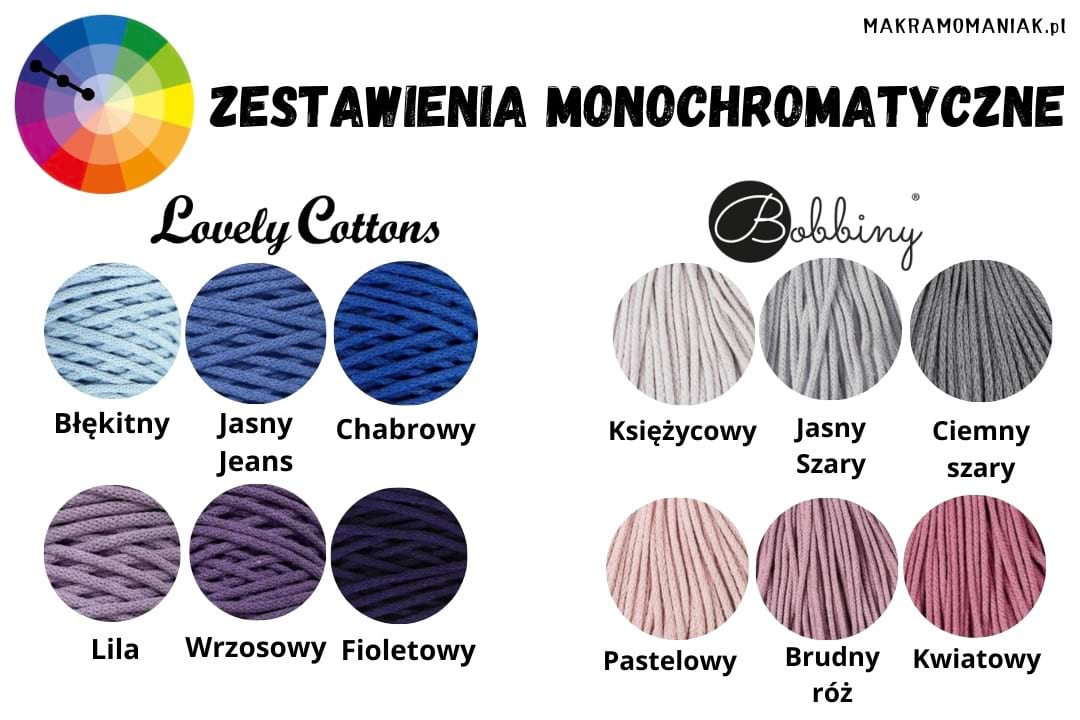 Monochromatyczne połączenia kolorów sznurka do makramy